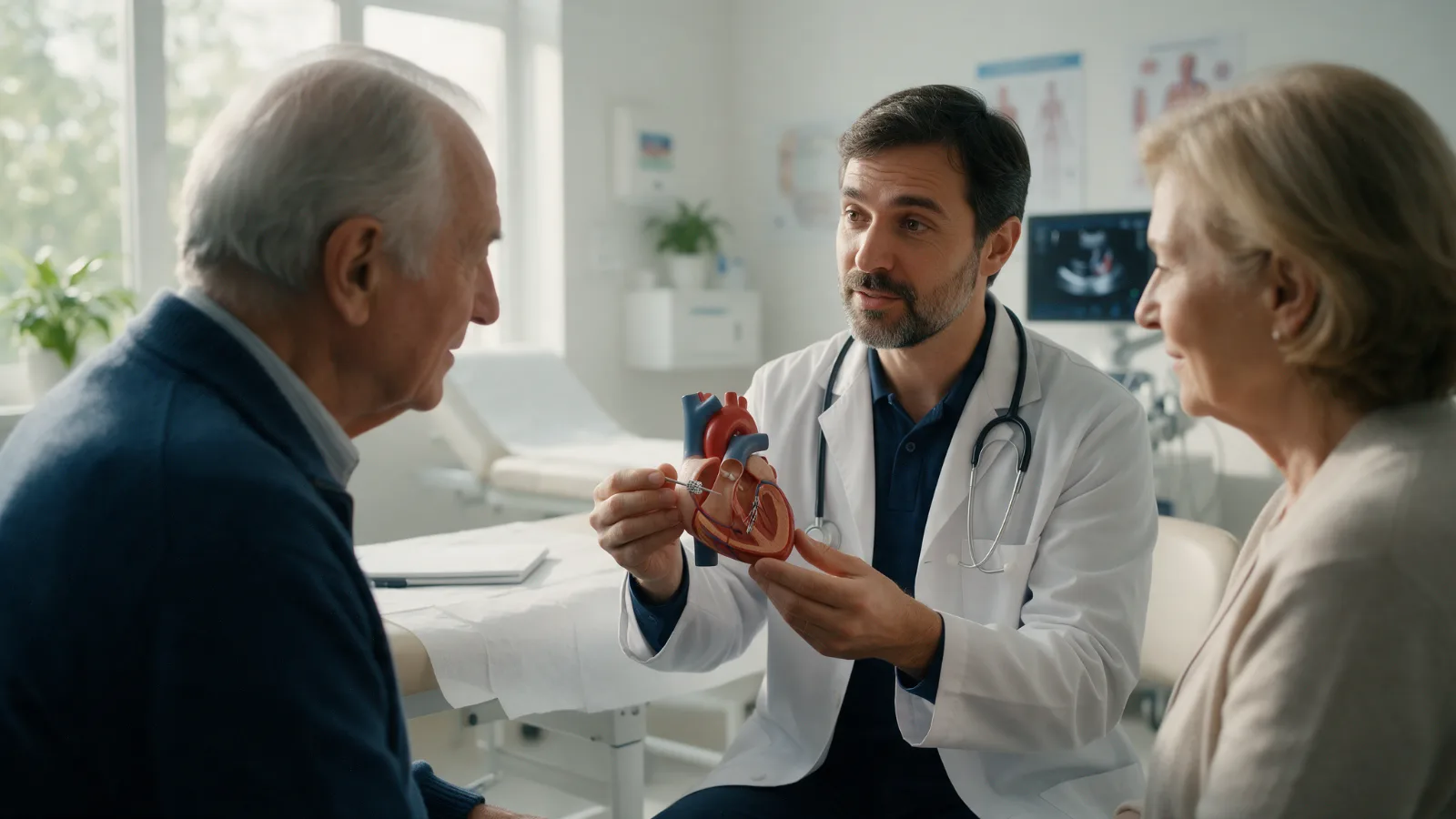 Cardiologista explica a paciente e à esposa como funciona a angioplastia com stent usando modelo de artéria