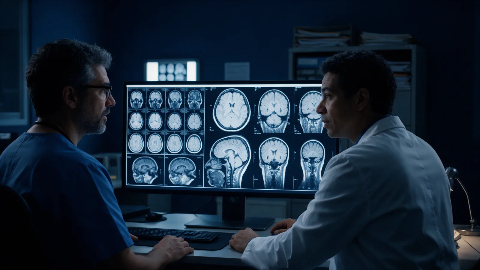 Médicos analisam imagens de ressonância do cérebro na investigação de AVC