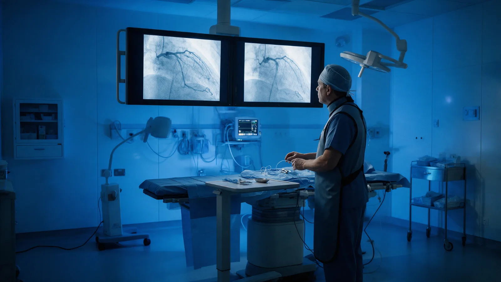 Cardiologista intervencionista analisa imagens de cateterismo na sala de hemodinâmica