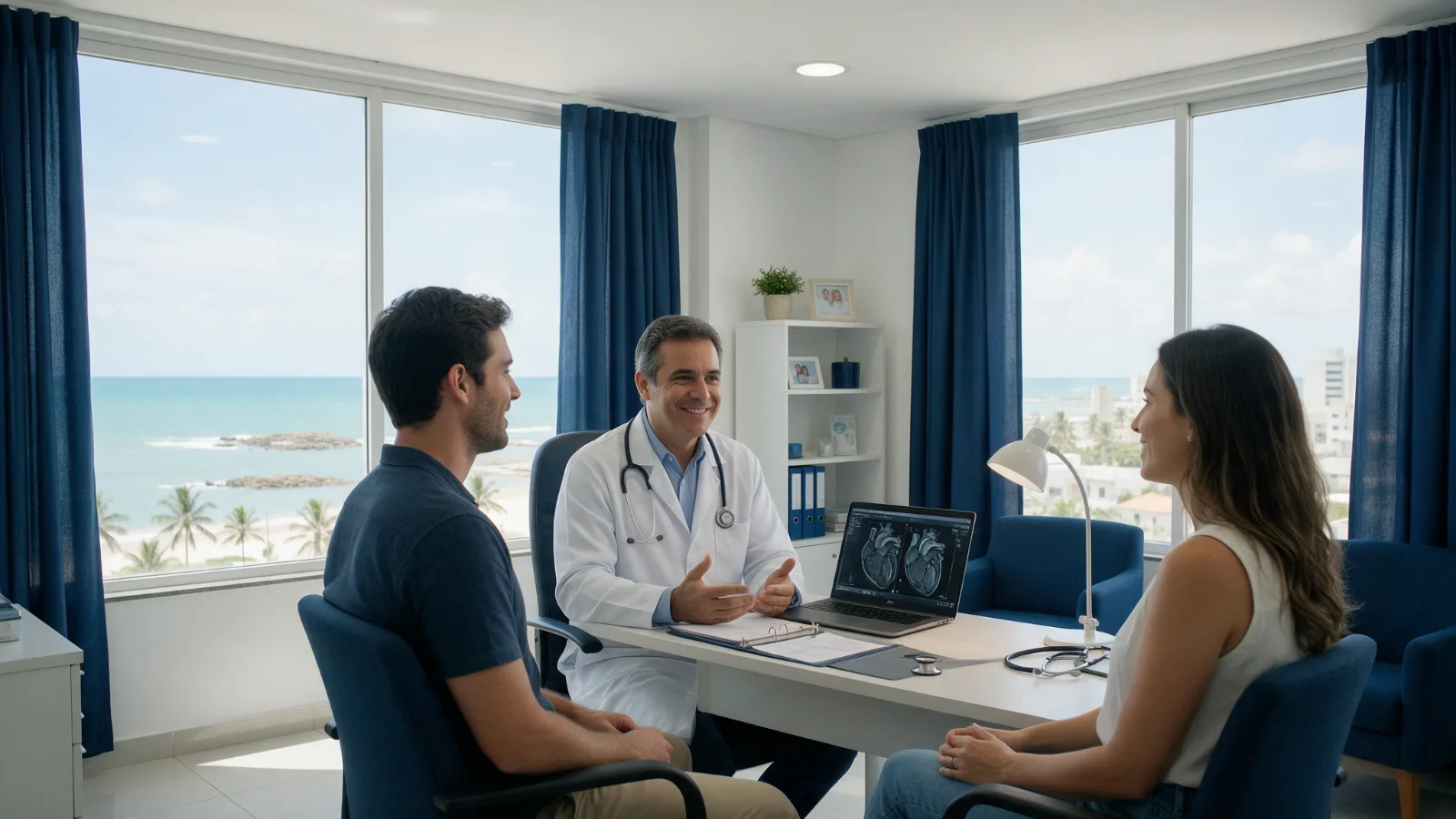 Cardiologista em Fortaleza conversa com casal durante consulta em consultório com vista para o mar