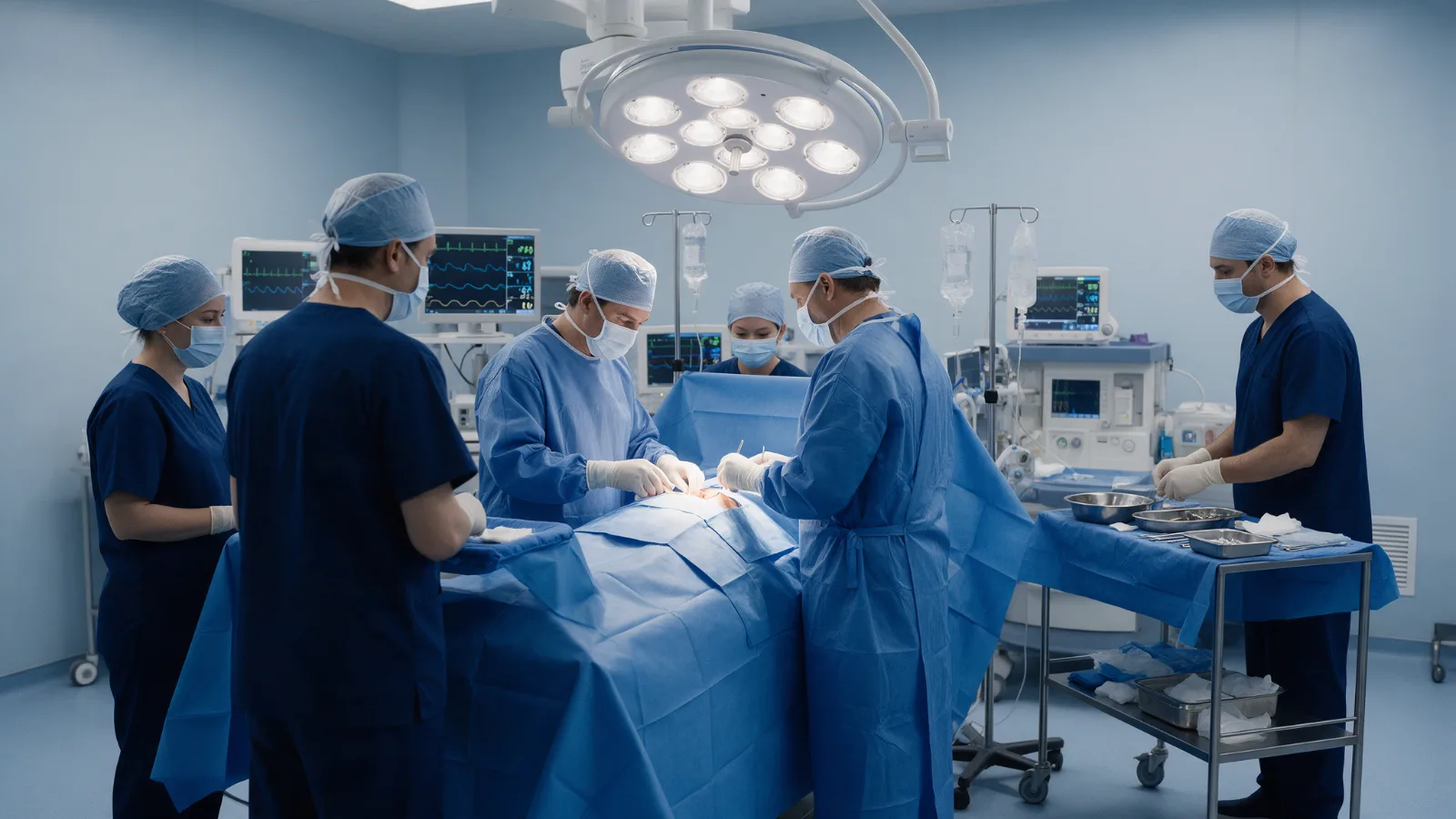 Equipe de cirurgia cardíaca concentrada em centro cirúrgico de hospital cardiológico