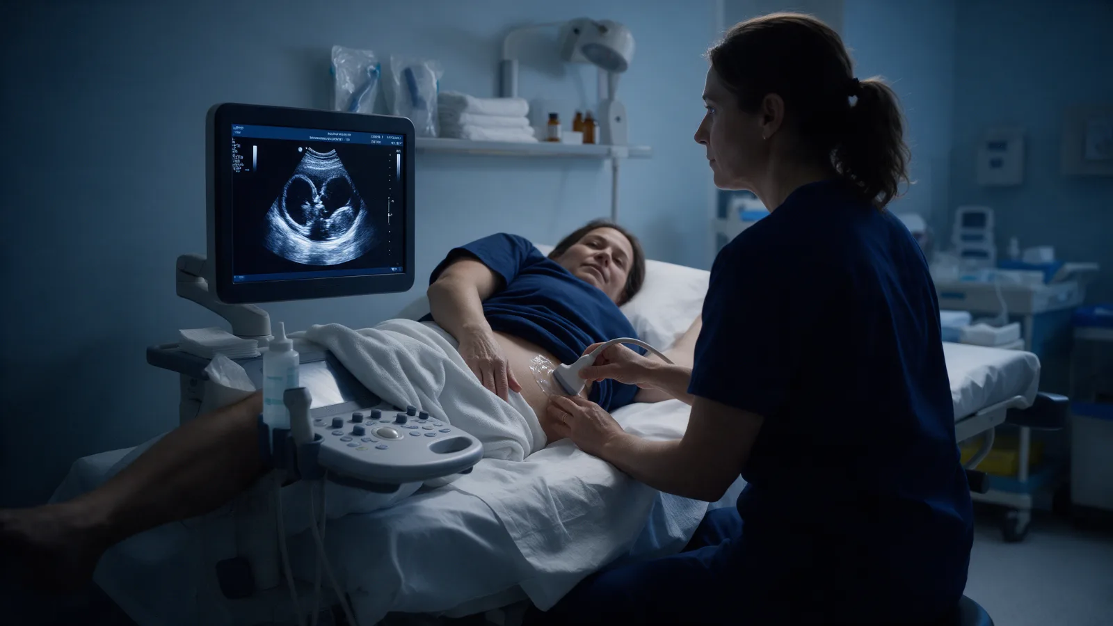 Cardiologista realiza ecocardiograma e acompanha a imagem do coração no monitor