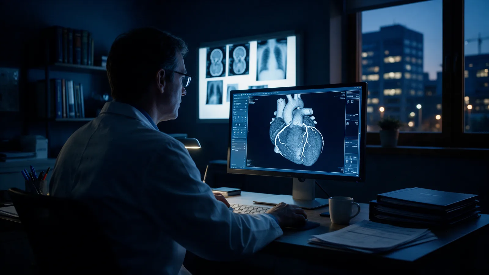 Médico analisa tomografia do coração para cálculo do escore de cálcio