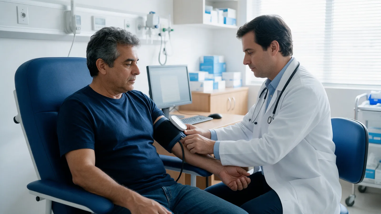 Cardiologista mede a pressão arterial de paciente com hipertensão em consulta