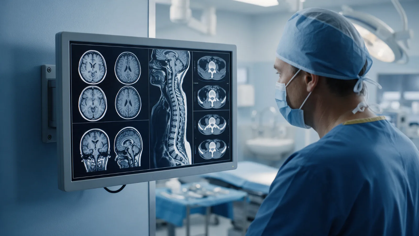 Neurocirurgião avalia exames de imagem antes do procedimento