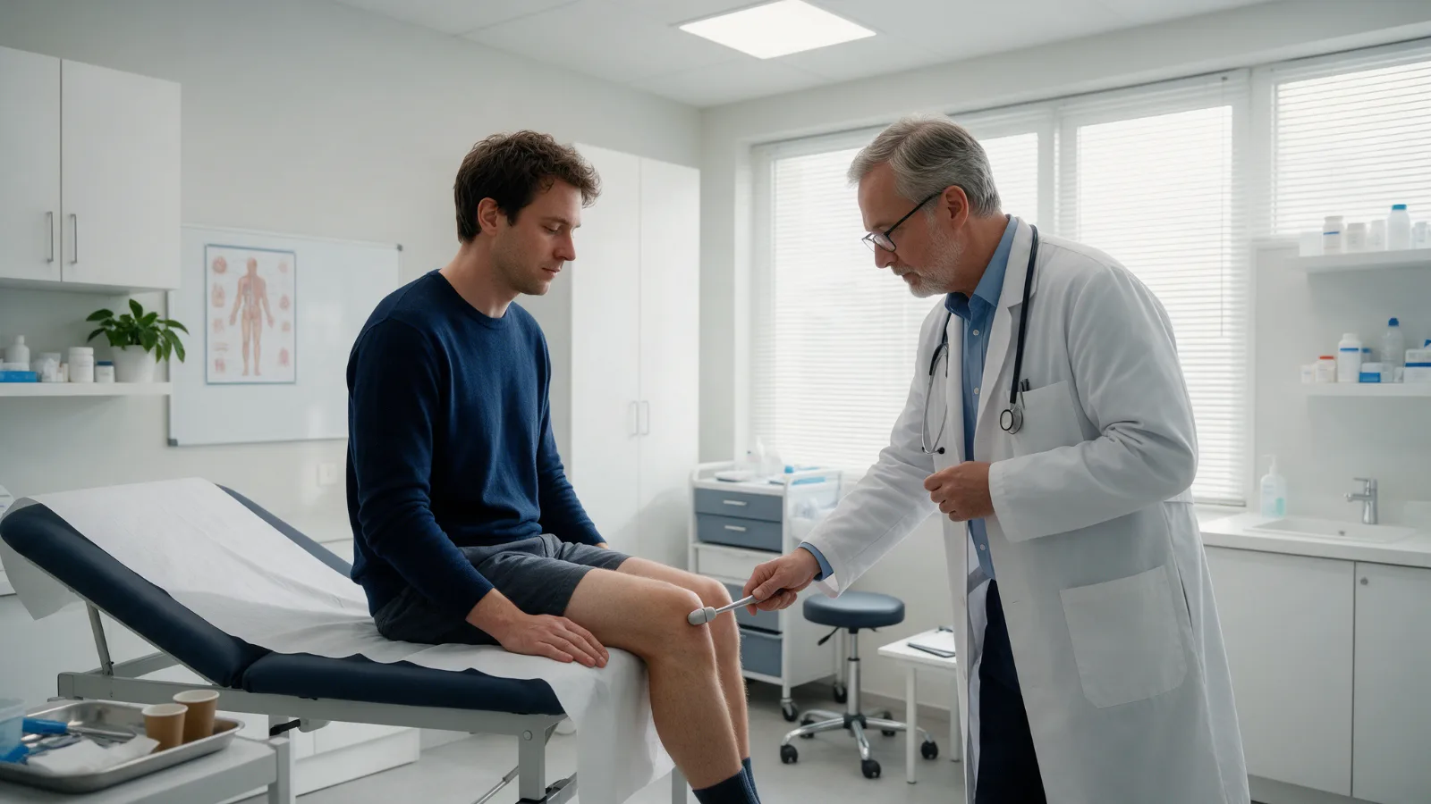 Neurologista realiza exame neurológico de reflexos em consulta
