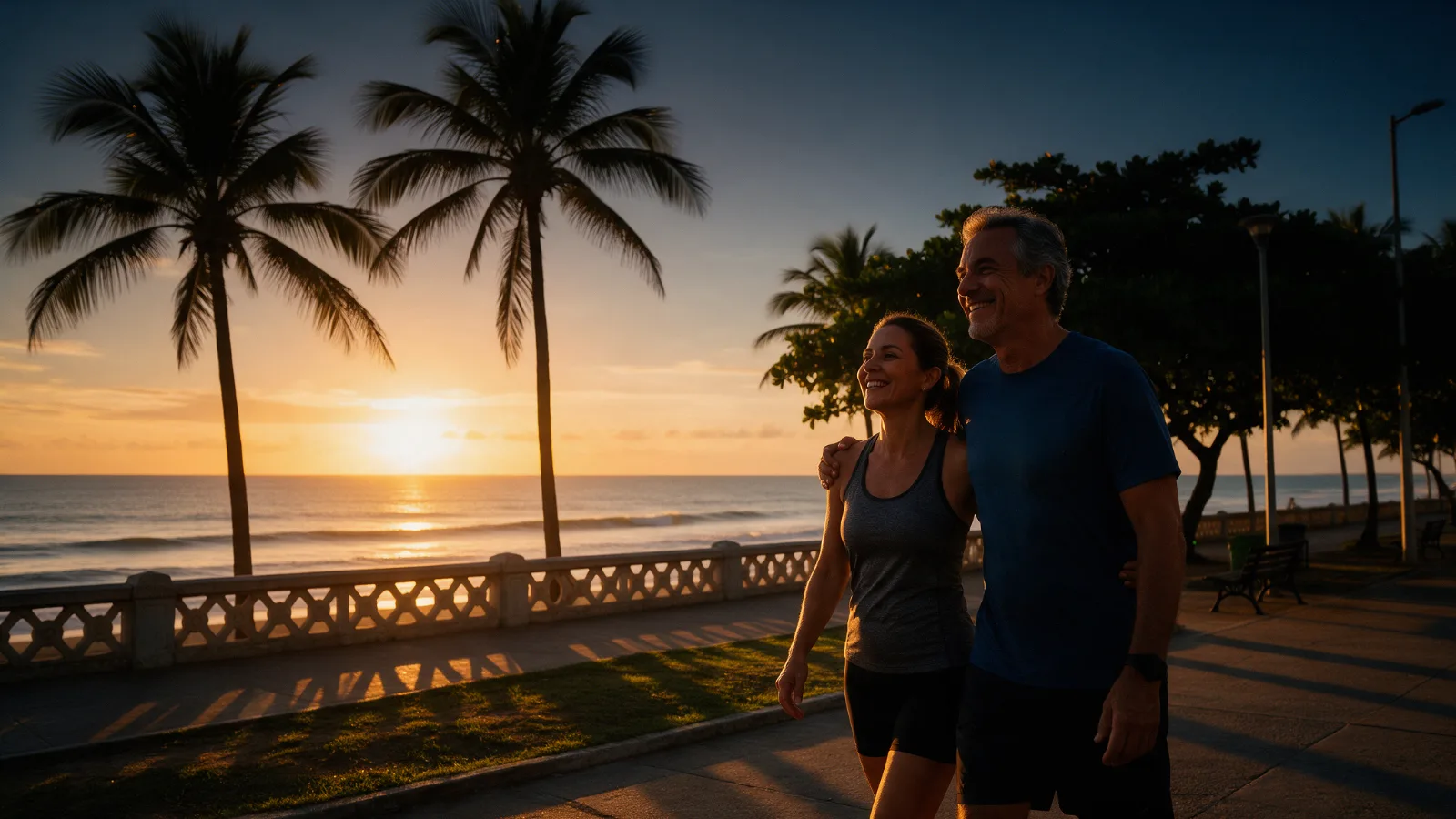 Casal caminha na orla de Fortaleza, hábito que ajuda na prevenção cardiovascular