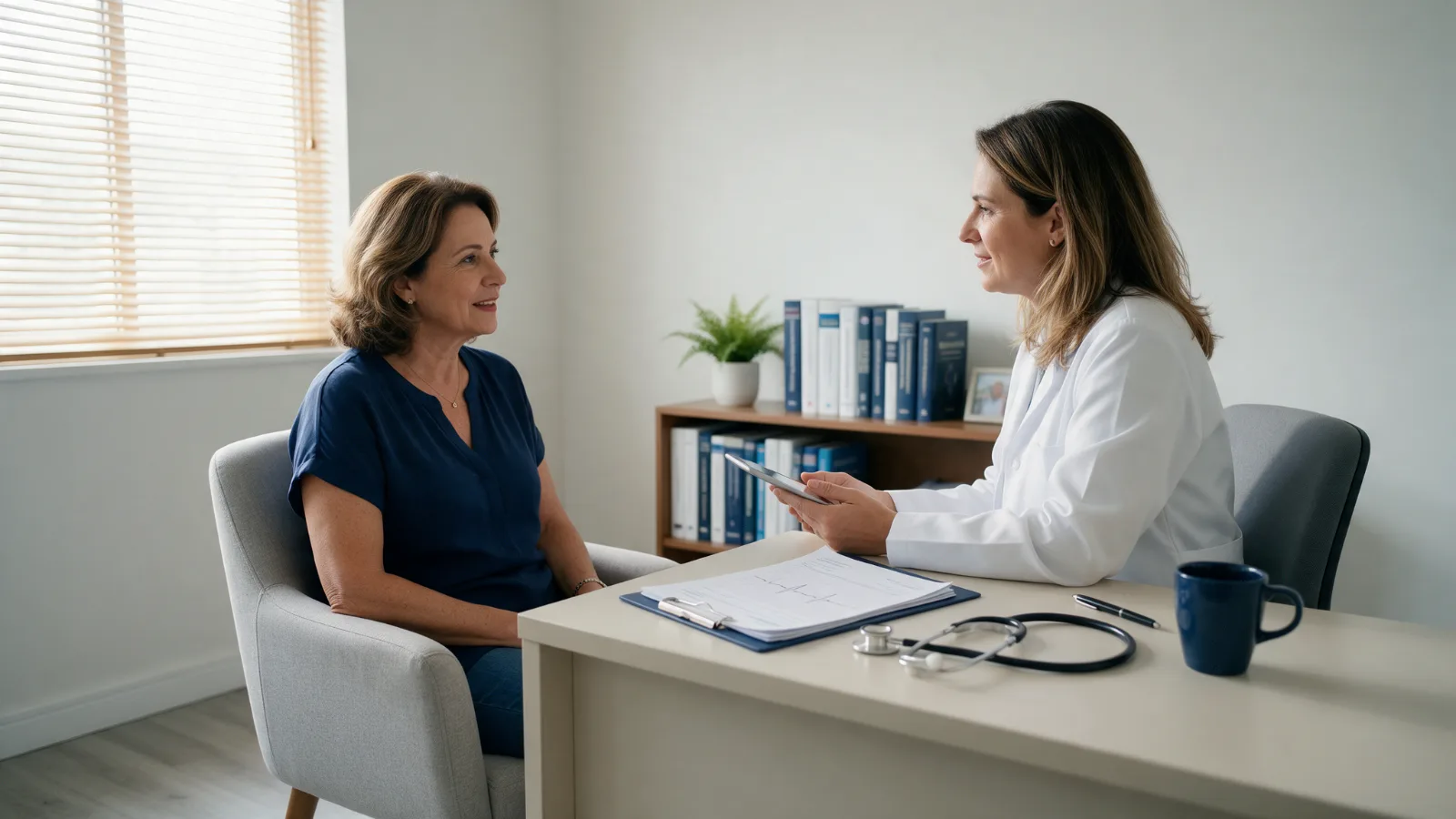 Mulher conversa com cardiologista sobre a saúde do coração feminino