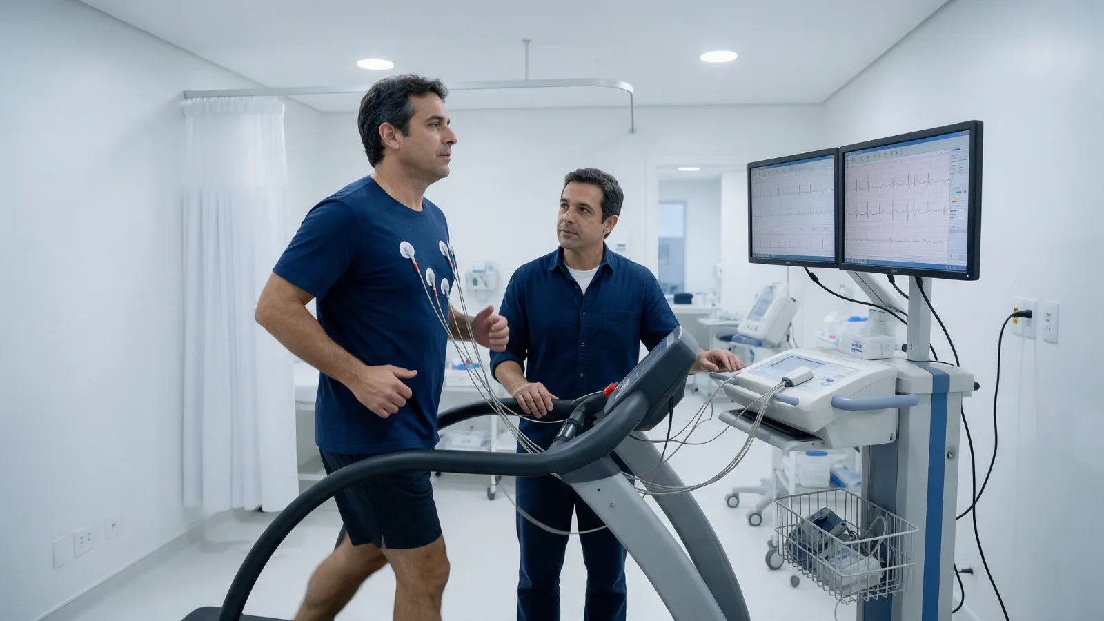Paciente em teste ergométrico na esteira com monitorização do coração