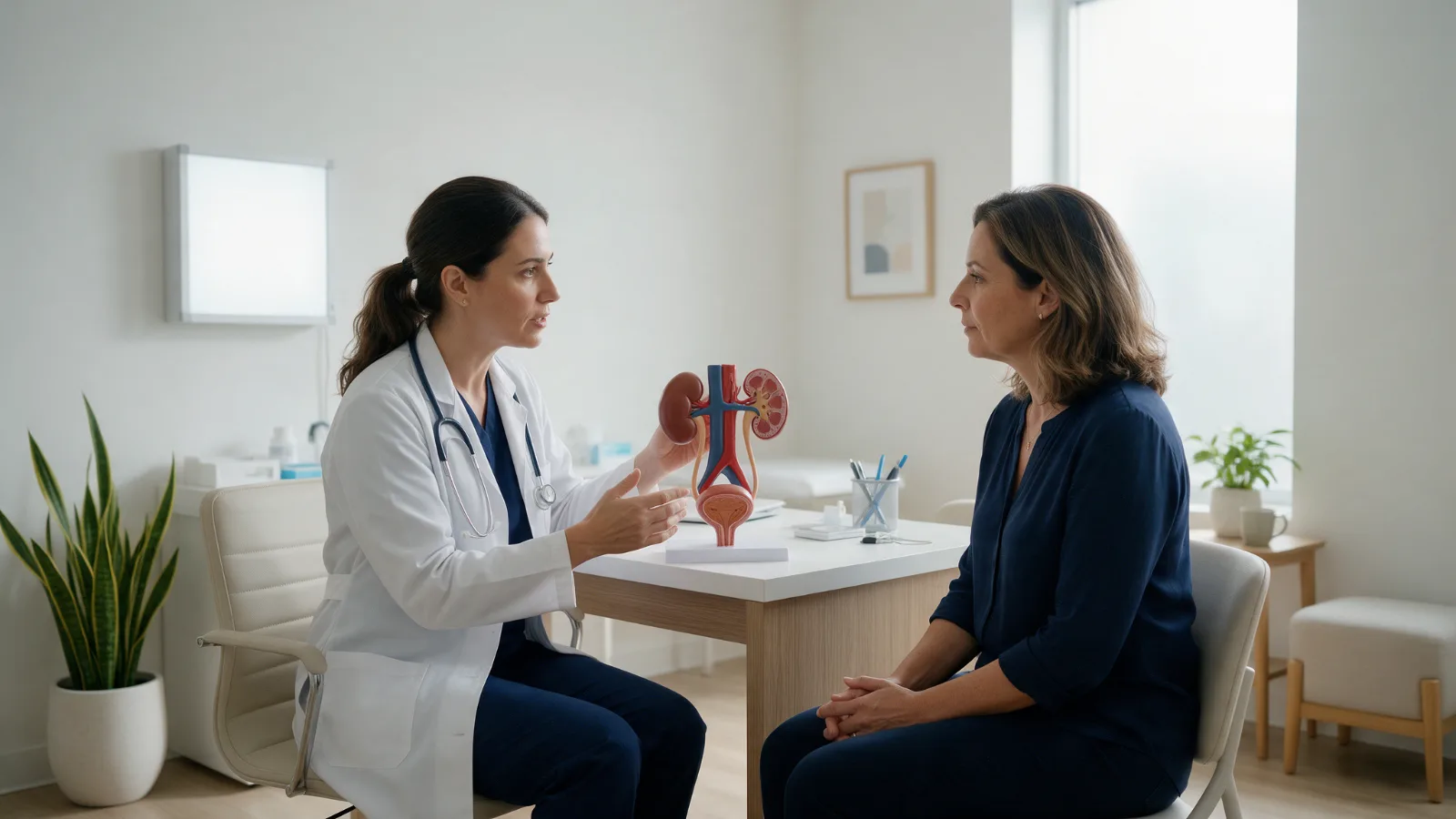 Urologista explica o sistema urinário a paciente mulher em consulta