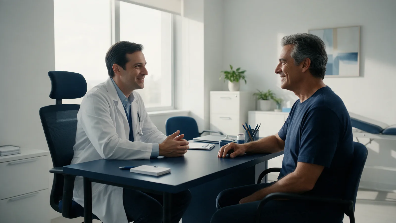 Urologista conversa com homem em consulta de acompanhamento