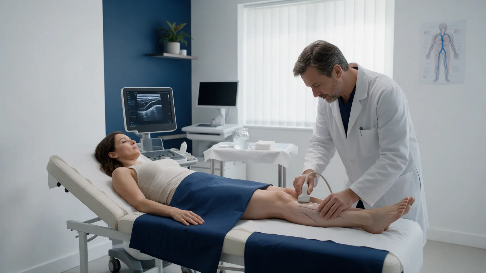 Cirurgião vascular examina varizes nas pernas com ultrassom